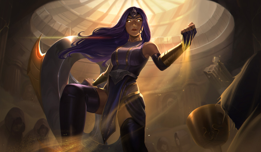 1girl 5others absurdres alternate_costume bangs bare_shoulders black_gloves boomerang breasts closed_mouth cup dark-skinned_female dark_skin dress elbow_gloves fingerless_gloves gloves glowing glowing_eyes hair_ornament highres holding holding_weapon large_breasts league_of_legends long_hair multiple_others purple_dress purple_hair sand sivir solo_focus thigh-highs vincent_t_(oriaarts) weapon