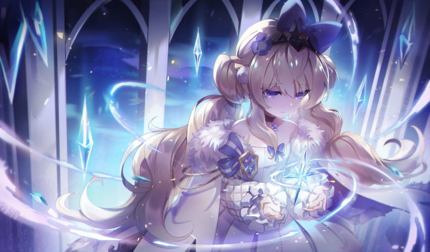 1girl alchemy_stars bangs bare_shoulders bethlehem_(alchemy_stars) blonde_hair blue_bow bow cape choker closed_mouth clouds crystal detached_sleeves dress emblem english_commentary expressionless floating floating_object hair_bow highres looking_at_viewer magic open_hands peumya puffy_sleeves sidelocks solo twintails violet_eyes white_dress