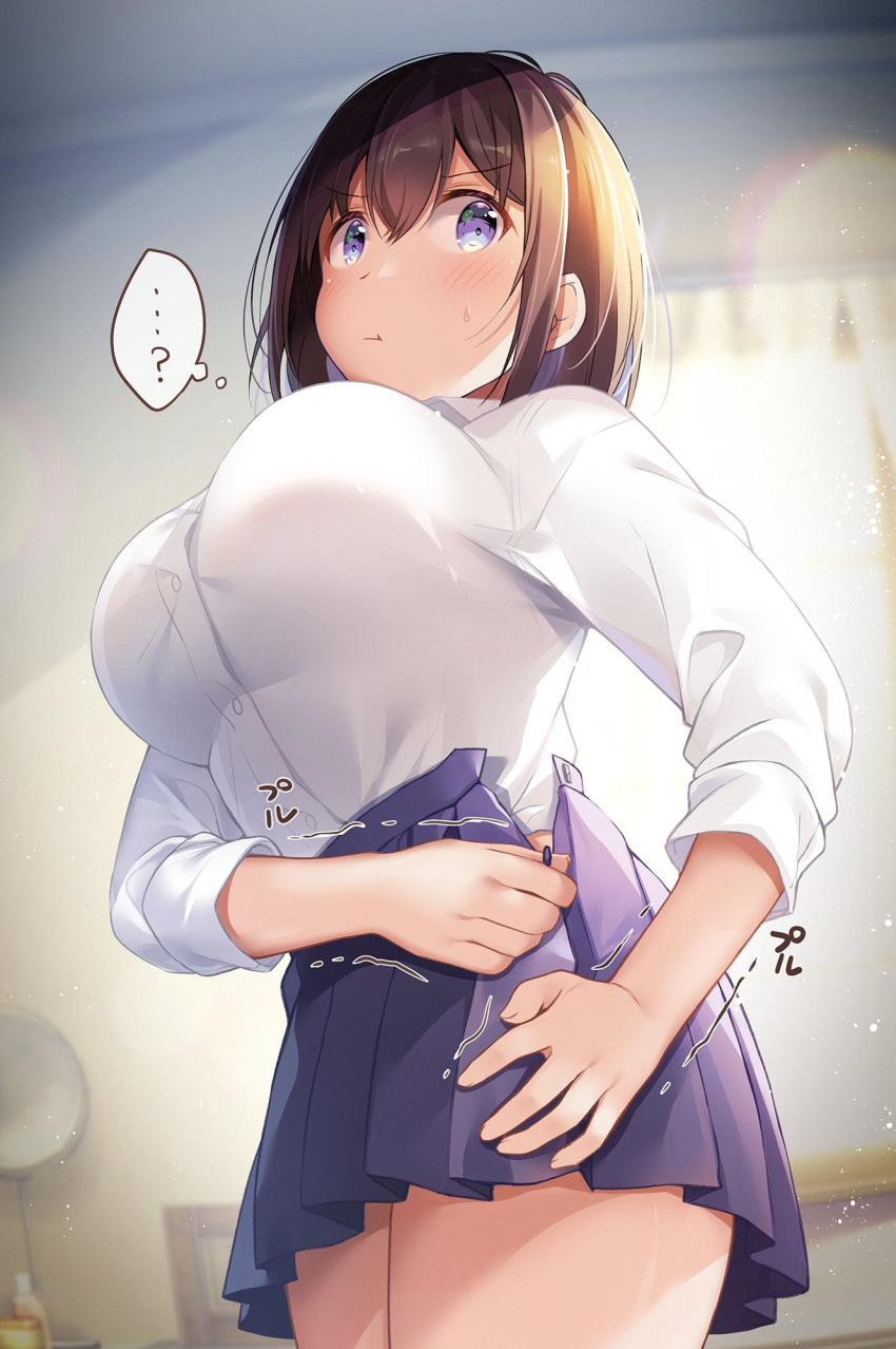 1girl ? bangs blue_eyes blue_skirt blurry blurry_background blush breasts brown_hair closed_mouth collared_shirt commentary_request crossed_bangs curtains eyebrows_visible_through_hair hair_ornament highres large_breasts lens_flare original pleated_skirt school_uniform shiro_kuma_shake shirt shirt_tucked_in skirt solo standing thighs thought_bubble v-shaped_eyebrows white_shirt window zipping