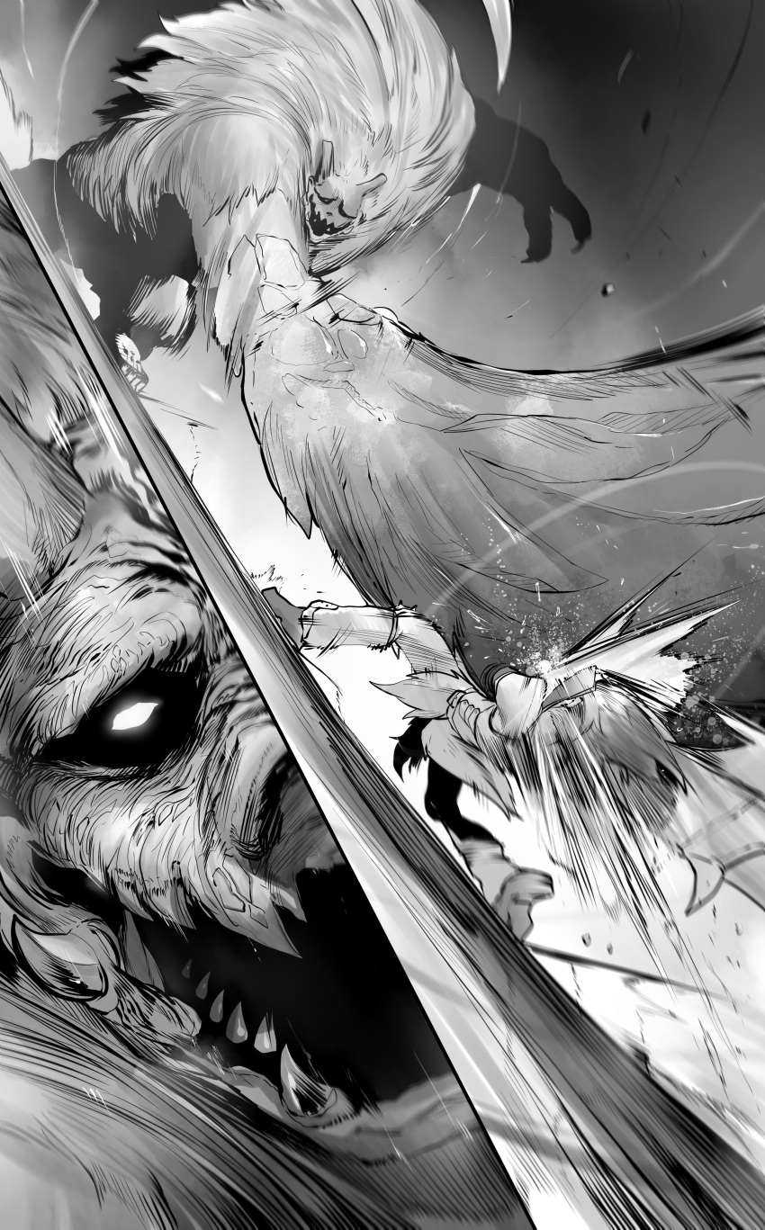 1girl absurdres action barioth_(armor) fighting foreshortening from_behind goss_harag greyscale highres monochrome monster monster_hunter_(series) niwarhythm punching