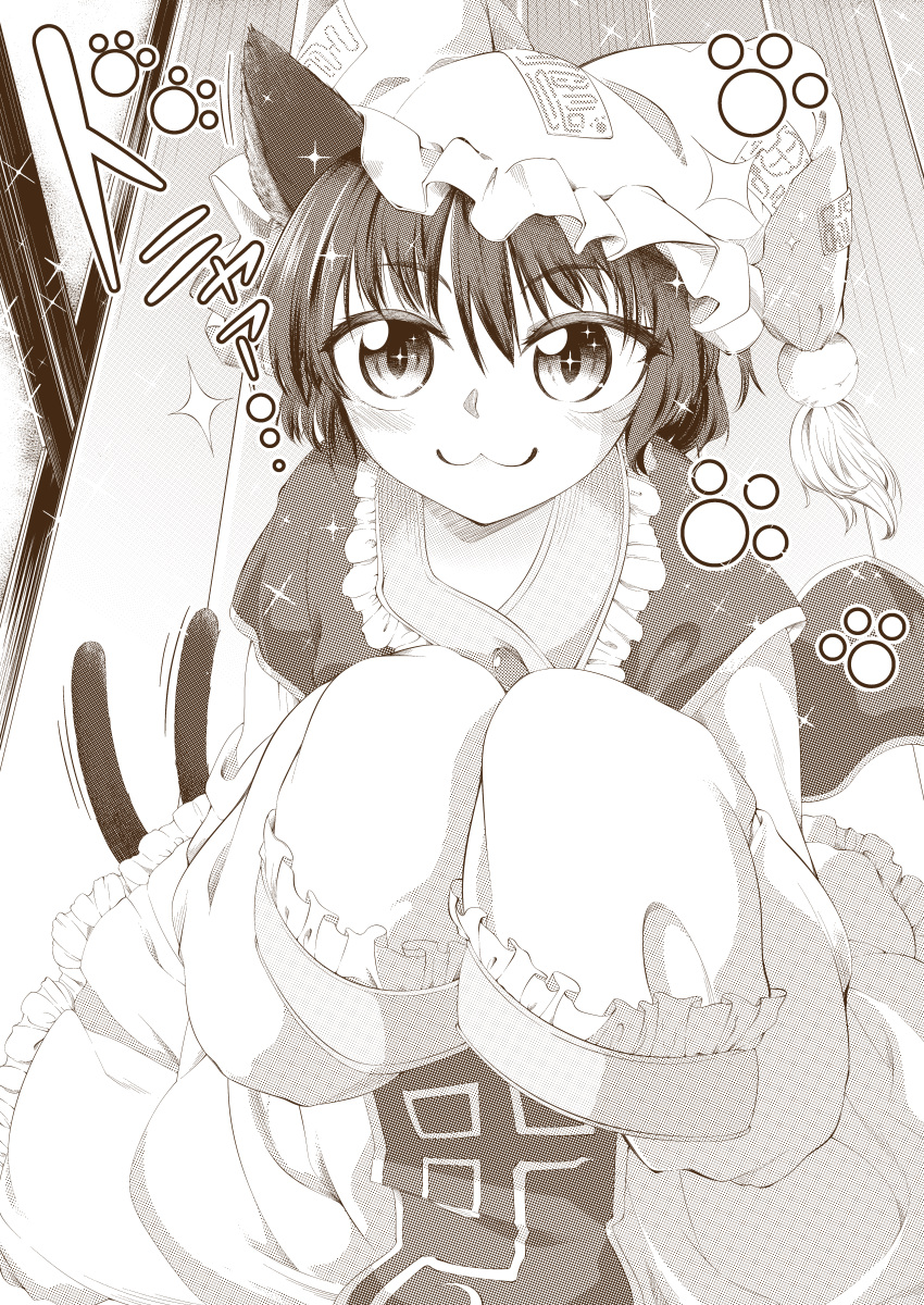 +_+ 0-den 1girl :3 absurdres animal_ears bangs blush cat_ears cat_tail chen closed_mouth cosplay cowboy_shot eyebrows_visible_through_hair floppy_sleeves frills from_above greyscale hair_between_eyes hat highres indoors looking_at_viewer monochrome motion_lines multiple_tails nekomata oversized_clothes pillow_hat short_hair sleeves_past_fingers sleeves_past_wrists solo sparkle standing tabard tail touhou two_tails wooden_floor yakumo_ran yakumo_ran_(cosplay)