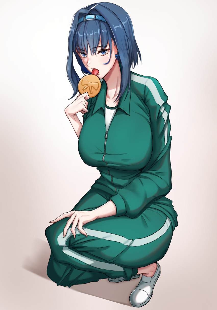 1girl absurdres alternate_costume blue_eyes blue_hair bow bow_earrings breasts cookie earrings food full_body green_pants green_track_suit hair_intakes hairband hand_up highres holding holding_cookie holding_food hololive hololive_english jacket jewelry large_breasts licking ouro_kronii pants shoes short_hair solo squatting squid_game tongue tongue_out track_jacket track_pants white_footwear zenya zipper