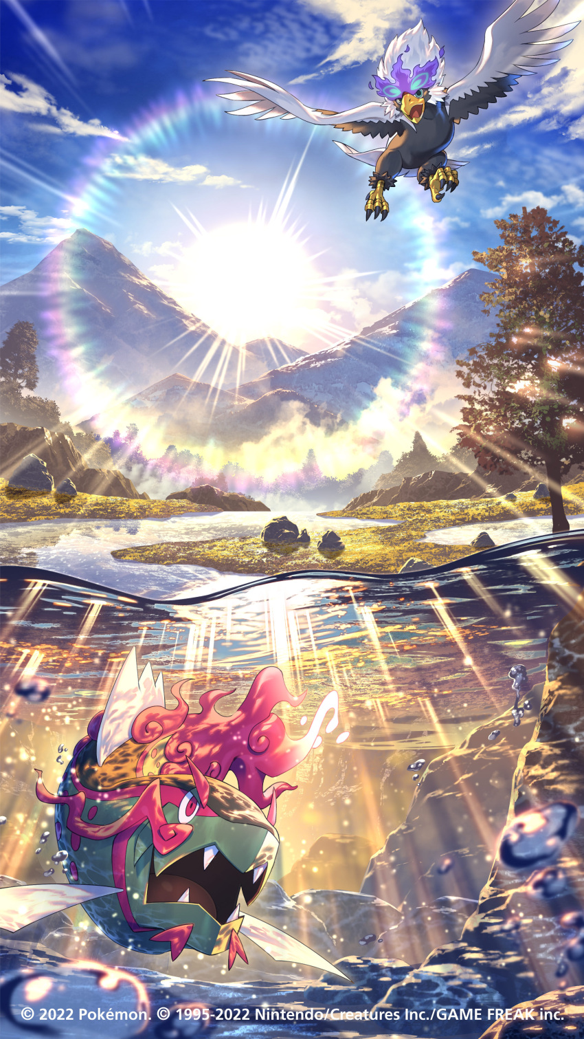 absurdres air_bubble basculegion bird bubble clouds commentary_request day fangs fish flying grass highres hisuian_braviary mountain no_humans official_art open_mouth outdoors partially_underwater_shot pokemon pokemon_(creature) reflection sky sun tongue tree water watermark