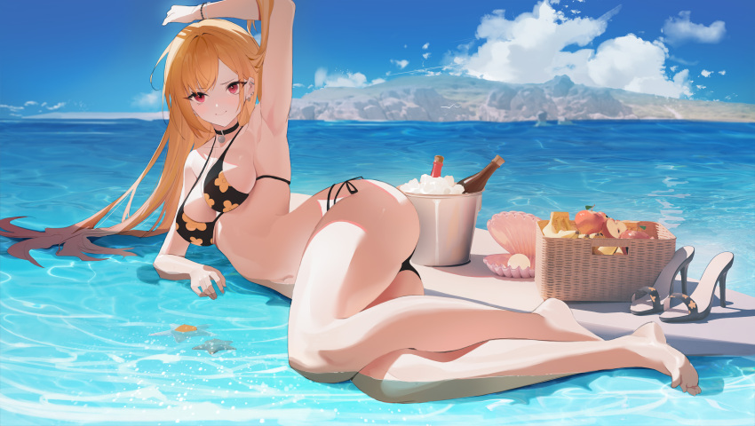 0_0_0 1girl absurdres arm_up armpits barefoot bikini black_bikini black_choker black_footwear blonde_hair blue_sky bottle breasts choker closed_mouth clouds commentary_request day ear_piercing earrings floral_print highres jewelry kitagawa_marin legs long_hair looking_at_viewer lying medium_breasts navel ocean on_side outdoors piercing print_bikini red_eyes sandals sandals_removed shell side-tie_bikini sky smile solo sono_bisque_doll_wa_koi_wo_suru swimsuit