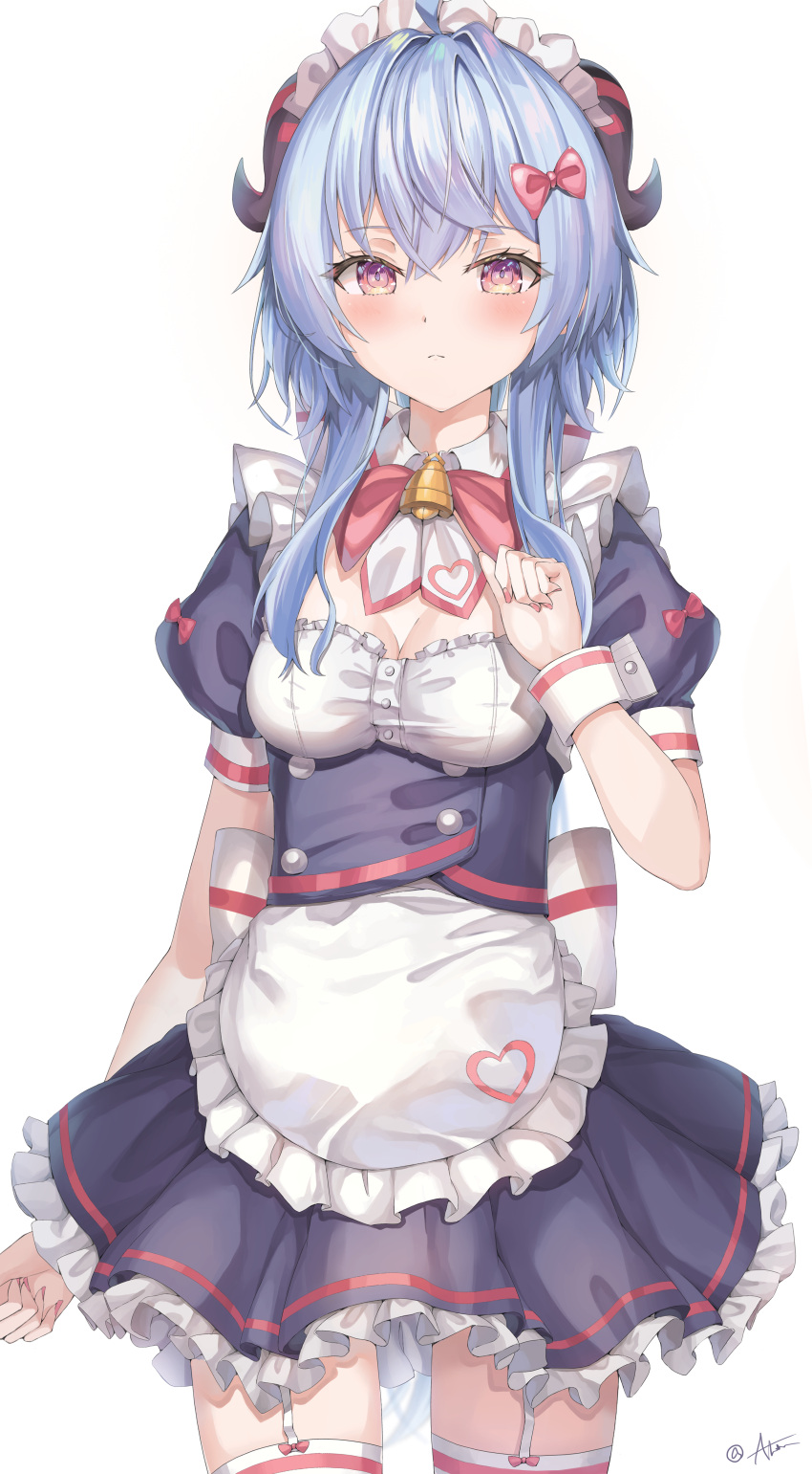 1girl absurdres alter_(kxk7357) alternate_costume apron bangs bell blue_hair blush bow breasts cleavage_cutout clothing_cutout enmaided eyebrows_visible_through_hair ganyu_(genshin_impact) garter_straps genshin_impact hair_ornament highres horns long_hair looking_at_viewer maid maid_headdress medium_breasts neck_bell sidelocks signature solo standing violet_eyes white_background white_legwear