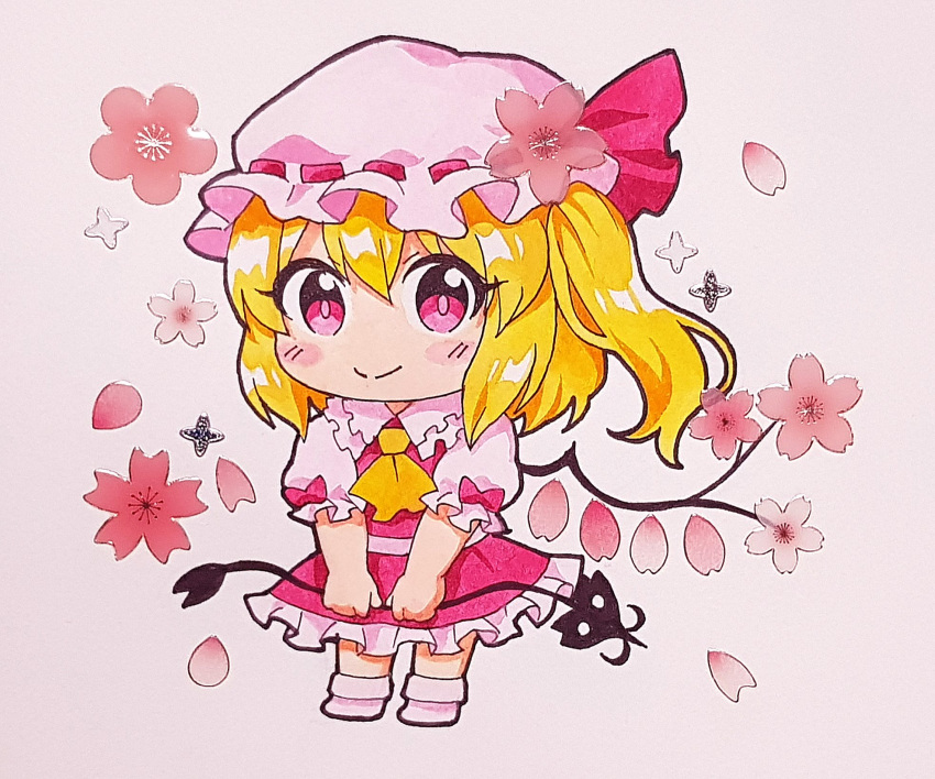 1girl ascot blonde_hair blush blush_stickers caramell0501 cherry_blossoms chibi closed_mouth flandre_scarlet frilled_skirt frills full_body hair_between_eyes hat highres long_hair mob_cap petals red_eyes red_skirt red_vest skirt smile solo touhou traditional_media vest white_headwear wings yellow_ascot