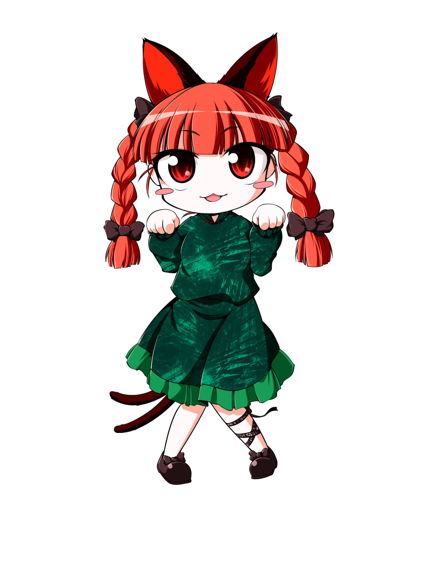 0-den 1girl absurdres animal_ears bair_bow bangs black_footwear black_ribbon blunt_bangs blunt_ends blush_stickers bow braid breasts brown_bow cat_ears cat_tail chibi commentary_request dress extra_ears eyebrows_visible_through_hair footwear_bow frills full_body green_dress hair_ribbon hands_up highres kaenbyou_rin knees_together_feet_apart leg_ribbon long_sleeves looking_at_viewer multiple_tails nekomata paw_pose red_eyes redhead ribbon simple_background small_breasts solo standing tail touhou tress_ribbon twin_braids twintails two_tails white_background