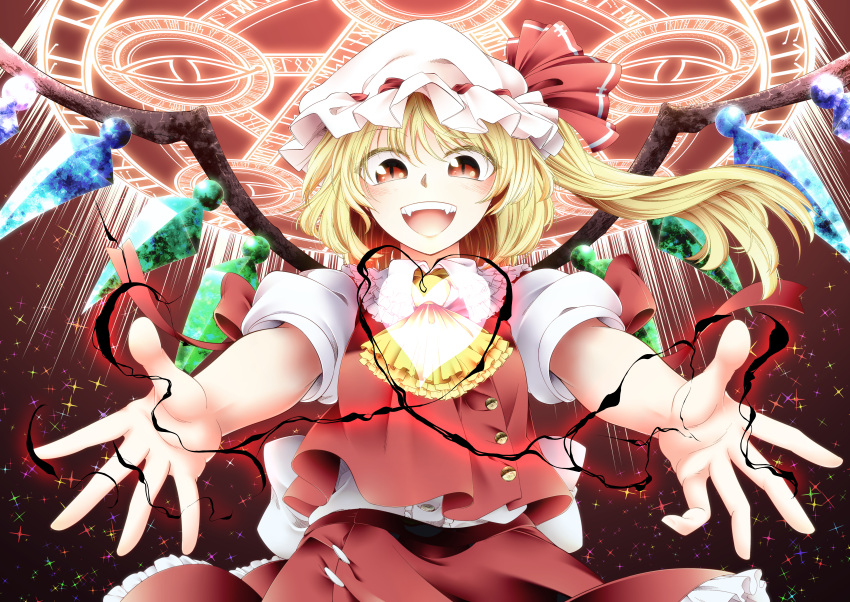 0-den 1girl :d absurdres ascot bangs blonde_hair blush buttons cowboy_shot crystal dark_background darkness eyebrows_visible_through_hair eyebrows_visible_through_hat fangs flandre_scarlet floating_hair foreshortening frilled_shirt_collar frills from_below gradient gradient_background hair_between_eyes hat hat_ribbon heart highres layered_ascot looking_at_viewer magic_circle mob_cap one_side_up open_mouth petticoat reaching_out red_background red_eyes red_ribbon red_skirt red_vest ribbon short_hair simple_background skirt smile solo sparkle teeth touhou upper_teeth vest white_headwear wings yellow_ascot