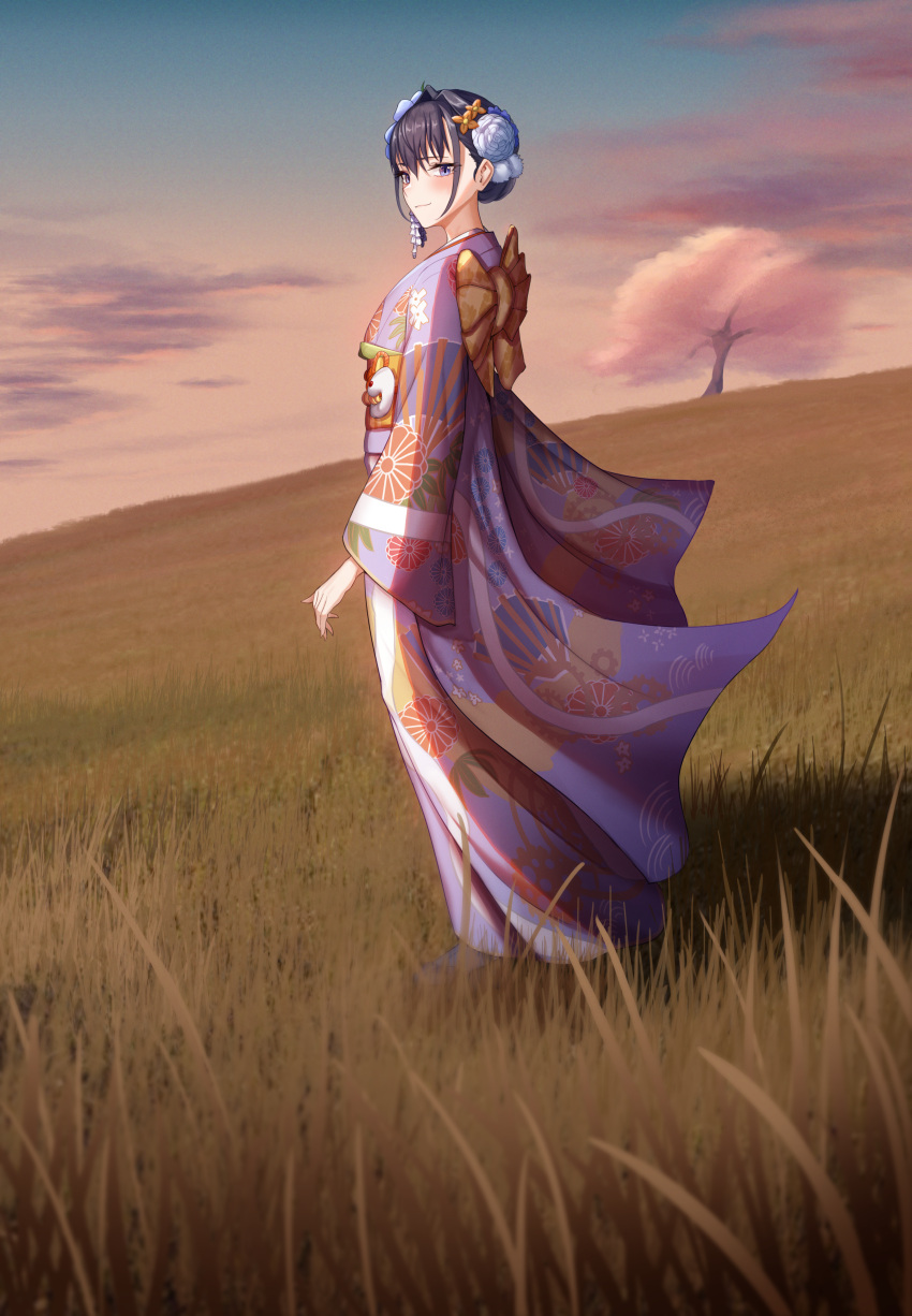 1girl absurdres bangs blue_eyes blue_hair closed_mouth clouds commentary dusk field floral_print flower from_side full_body grass hair_flower hair_intakes hair_ornament highres hololive hololive_english japanese_clothes kimono light_smile looking_at_viewer looking_to_the_side obi official_alternate_costume ouro_kronii sash short_hair sky solo tied_hair tree virtual_youtuber wind wind_lift zenya