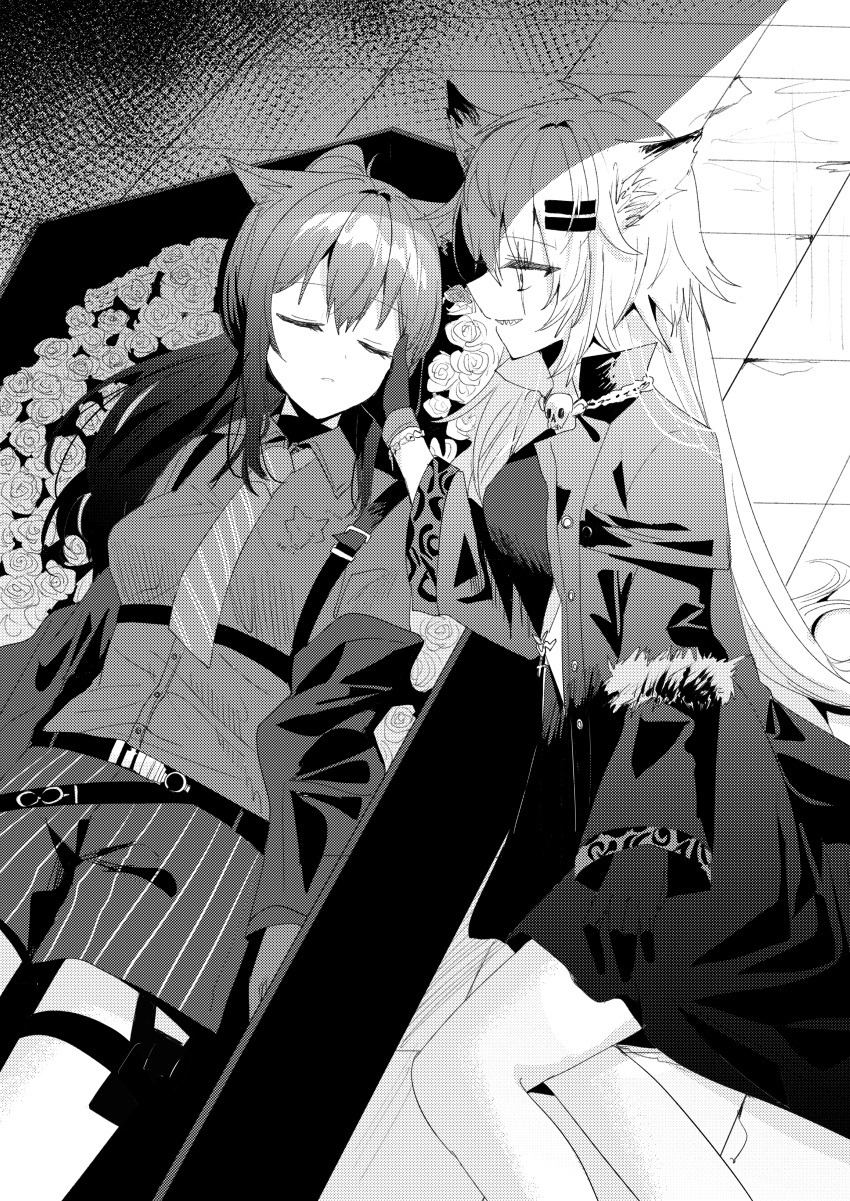 2girls absurdres animal_ear_fluff animal_ears arknights bangs breasts chihuri closed_mouth coffin collared_shirt diagonal-striped_neckwear diagonal_stripes eyebrows_visible_through_hair feet_out_of_frame flower gloves greyscale grin hair_between_eyes hair_ornament hairclip highres jacket lappland_(arknights) long_hair lying medium_breasts monochrome multiple_girls necktie on_back parted_lips rose sharp_teeth shirt short_shorts shorts smile striped striped_shorts teeth texas_(arknights) vertical-striped_shorts vertical_stripes very_long_hair