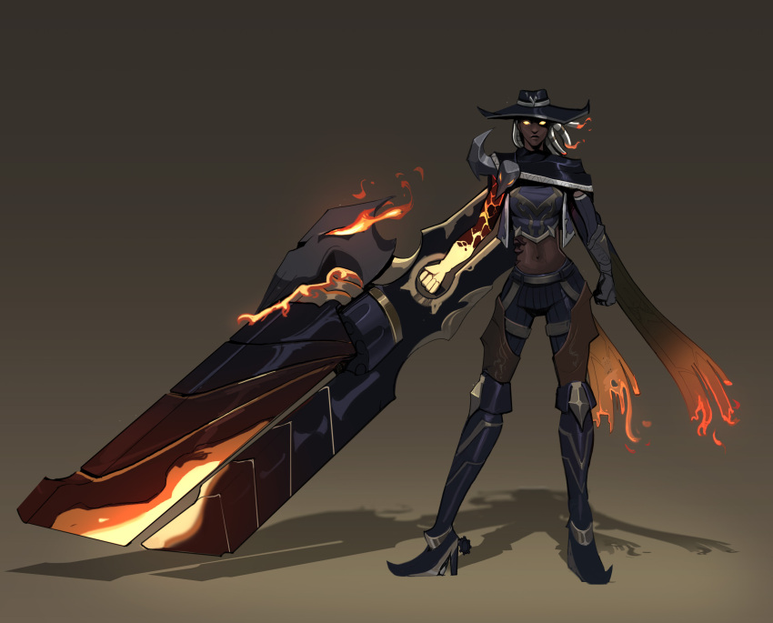 1girl absurdres bangs belt black_capelet black_headwear boots breasts brown_background capelet clenched_hand crop_top dark-skinned_female dark_skin fiery_hair fire flame full_body gauntlets glowing glowing_eyes gradient gradient_background gun hairlocs high_heel_boots high_heels high_noon_senna highres holding holding_gun holding_weapon large_breasts league_of_legends looking_at_viewer navel official_alternate_costume orange_scarf pants scarf senna_(league_of_legends) solo standing stomach thigh-highs thigh_boots vincent_t_(oriaarts) weapon white_hair