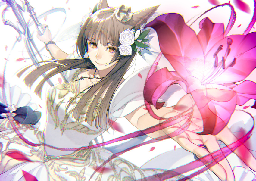 1girl absurdres animal_ears avatar_(ff14) bangs blunt_bangs bracelet brown_eyes brown_hair cat_ears chromatic_aberration closed_mouth commission crown dress earrings facial_mark final_fantasy final_fantasy_xiv flower glint highres holding holding_staff jewelry key_necklace kyo_(kuroichigo) light_brown_hair long_hair miqo'te necklace open_hand petals pink_flower purple_flower ring rose skeb_commission smile solo spider_lily staff symbol-shaped_pupils tail whisker_markings white_dress white_flower white_mage white_rose