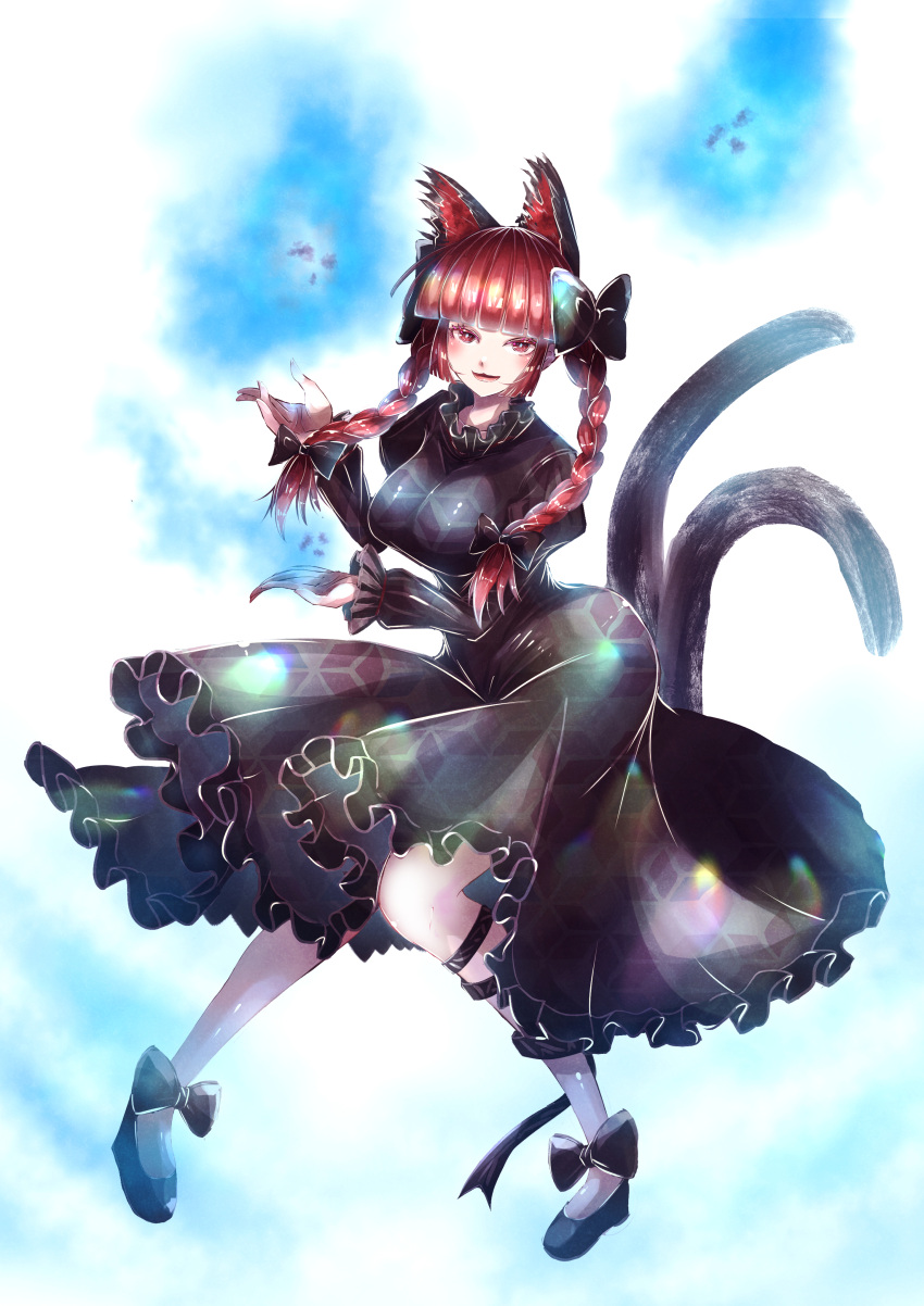 1girl :3 absurdres animal_ears aonori00 bangs black_bow black_footwear black_ribbon blue_fire blunt_bangs blunt_ends bow braid breasts bright_pupils cat_ears cat_tail dress eyebrows_behind_hair fire floating footwear_bow frills full_body grey_dress hair_bow hair_ribbon hands_up highres hitodama juliet_sleeves kaenbyou_rin knees_together_feet_apart large_breasts leg_ribbon light_smile long_hair long_sleeves looking_at_viewer multiple_tails nekomata open_mouth petticoat pigeon-toed puffy_sleeves red_eyes redhead ribbon simple_background sleeves_past_wrists solo tail touhou tress_ribbon twin_braids twintails two_tails white_background