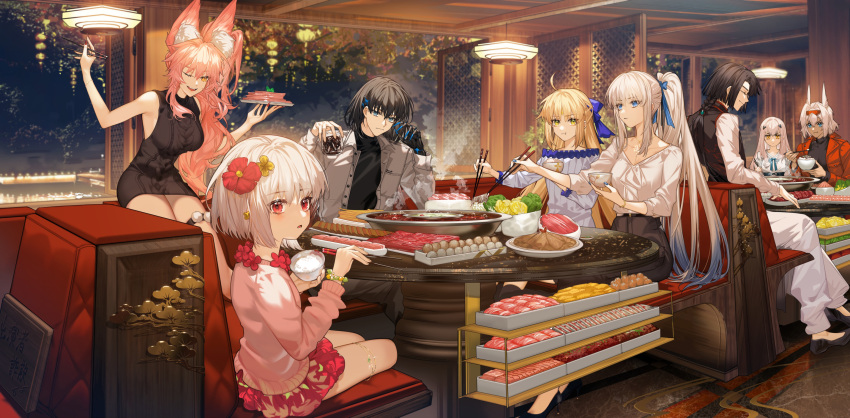 2boys 6+girls ahoge animal_ears arlizi artoria_pendragon_(caster)_(fate) artoria_pendragon_(fate) black_dress black_hair blonde_hair bowl braid breasts caenis_(fate) chopsticks claws contemporary cup dress drinking_glass eyewear_on_head fairy_knight_lancelot_(fate) fate/grand_order fate_(series) flower food fox_ears hair_flower hair_ornament highres kama_(fate) koyanskaya_(fate) large_breasts long_hair morgan_le_fay_(fate) multiple_boys multiple_girls nail_polish oberon_(fate) pink_hair ponytail restaurant rice_bowl side_ponytail silver_hair sitting skirt sunglasses tai_gong_wang_(fate) tamamo_(fate) white_hair