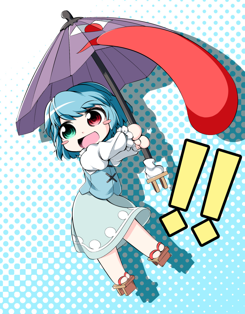 0-den 1girl :d absurdres bangs bare_legs blue_background blue_eyes blue_hair blue_skirt blue_vest blush_stickers chibi cross-laced_clothes eyebrows_visible_through_hair flat_chest full_body geta halftone halftone_background happy heterochromia highres juliet_sleeves karakasa_obake long_sleeves looking_to_the_side puffy_sleeves red_eyes shirt short_hair simple_background skirt smile solo swept_bangs tatara_kogasa tongue tongue_out touhou umbrella vest white_background white_shirt