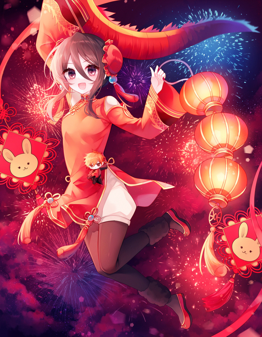 1girl :d aerial_fireworks arm_up bangs bare_shoulders black_hair black_legwear bleach bun_cover china_dress chinese_clothes clothing_cutout commentary double_bun dress eyebrows_visible_through_hair fireworks g_ieep hair_between_eyes highres holding kuchiki_rukia lantern legwear_under_shorts long_sleeves looking_at_viewer midair pelvic_curtain puffy_shorts red_dress red_footwear shoes short_shorts shorts shoulder_cutout smile solo symbol-only_commentary violet_eyes white_shorts wide_sleeves