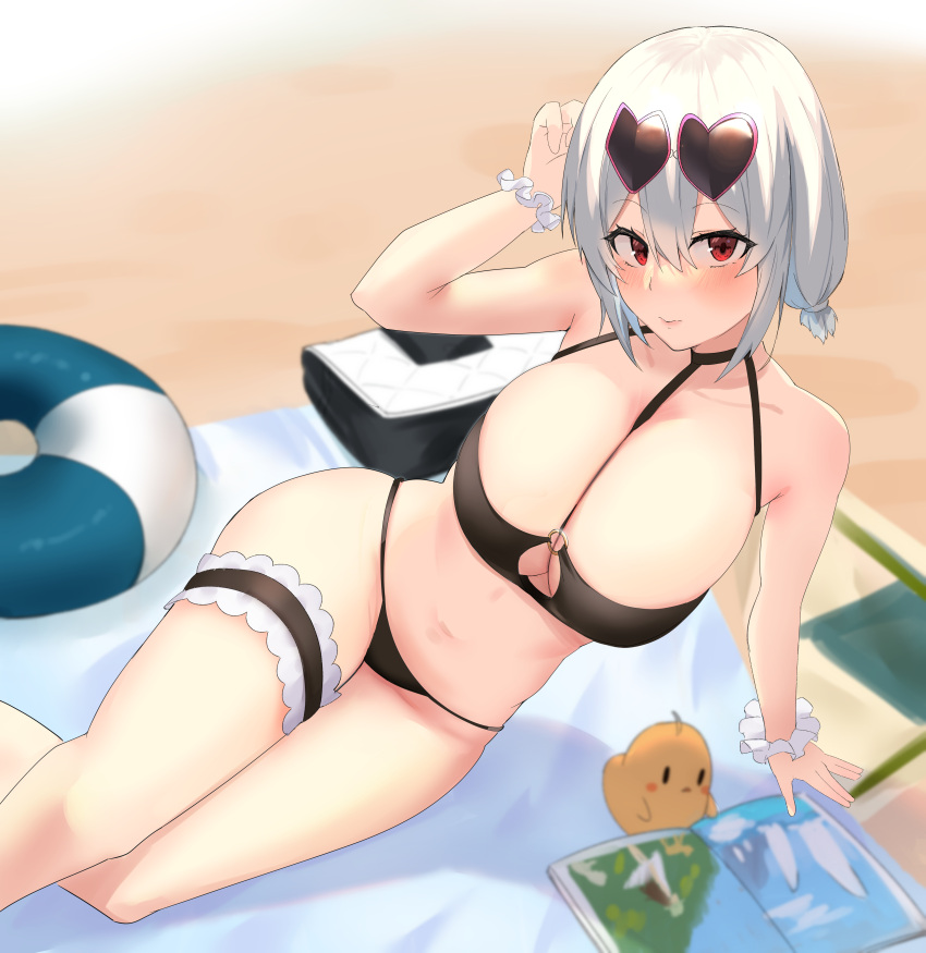 1girl absurdres arm_support azur_lane bangs bare_arms bare_shoulders between_breasts bikini black_bikini bonfes48108 breasts commentary_request eyebrows_visible_through_hair eyewear_on_head feet_out_of_frame hair_between_eyes hand_up highres innertube large_breasts leg_garter looking_at_viewer manjuu_(azur_lane) navel red_eyes scrunchie short_hair silver_hair sirius_(azur_lane) sitting solo stomach sunglasses swimsuit thighs white_scrunchie wrist_scrunchie