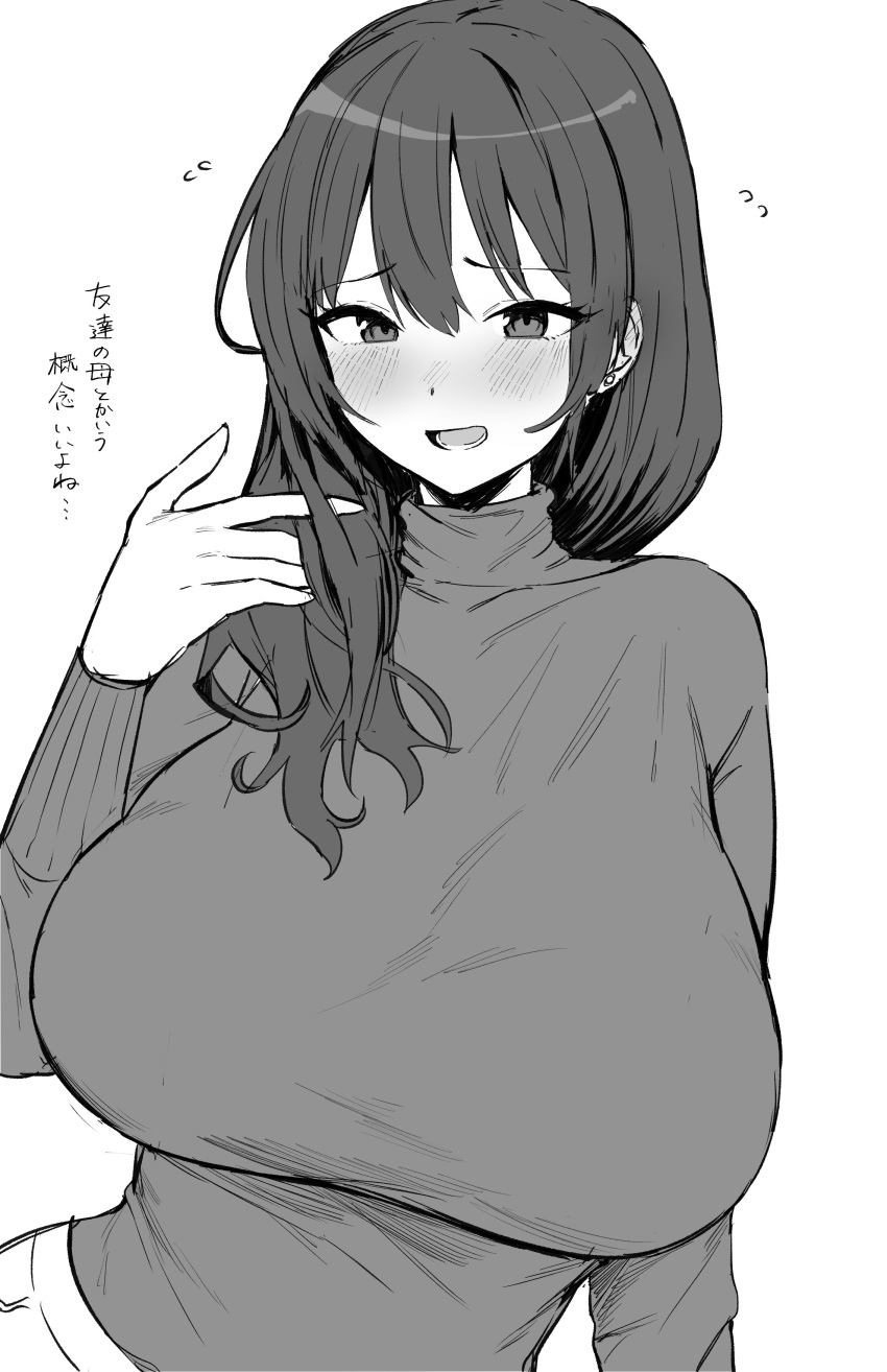 1girl absurdres bangs blush breasts greyscale hair_between_eyes hair_over_shoulder hand_in_hair highres hotate-chan huge_breasts long_hair monochrome open_mouth original sweater translation_request turtleneck white_background