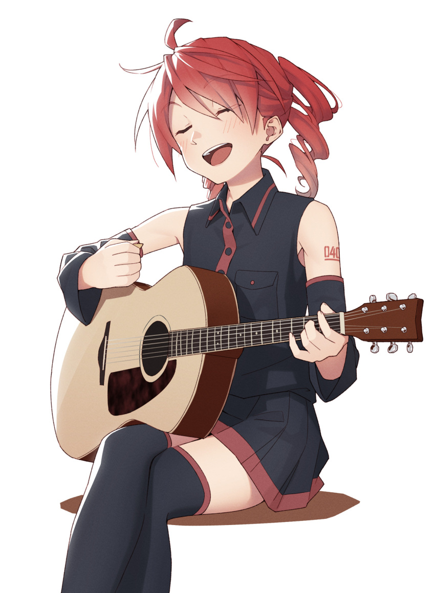 1girl acoustic_guitar ahoge armpit_crease bare_shoulders black_legwear black_shirt black_skirt black_sleeves closed_eyes commentary crossed_legs detached_sleeves drill_hair english_commentary feet_out_of_frame guitar highres holding holding_plectrum instrument kasane_teto light_blush miniskirt music open_mouth playing_instrument pleated_skirt plectrum redhead shirt short_hair shoulder_tattoo sitting skirt sleeveless sleeveless_shirt smile solo tattoo thigh-highs twin_drills utau white_background yasutange