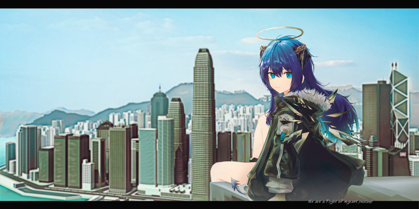 1girl absurdres arknights black_jacket blue_eyes blue_hair blue_sky building clouds cloudy_sky commentary day detached_wings english_commentary english_text from_behind halo highres horns jacket letterboxed long_hair long_sleeves looking_at_viewer looking_back mostima_(arknights) mountain outdoors puffy_long_sleeves puffy_sleeves runamonet sitting sky skyscraper solo very_long_hair wings