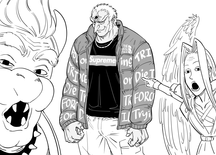 3boys absurdres bb_(baalbuddy) bowser collar commentary down_jacket drip_(meme) english_commentary ganondorf greyscale grin highres jacket jewelry long_hair looking_at_viewer male_focus meme monochrome multiple_boys necklace open_clothes open_jacket open_mouth pants pointing sephiroth shirt simple_background smile spiked_collar spikes super_smash_bros. supreme two_soyjaks_pointing_(meme) white_background wings