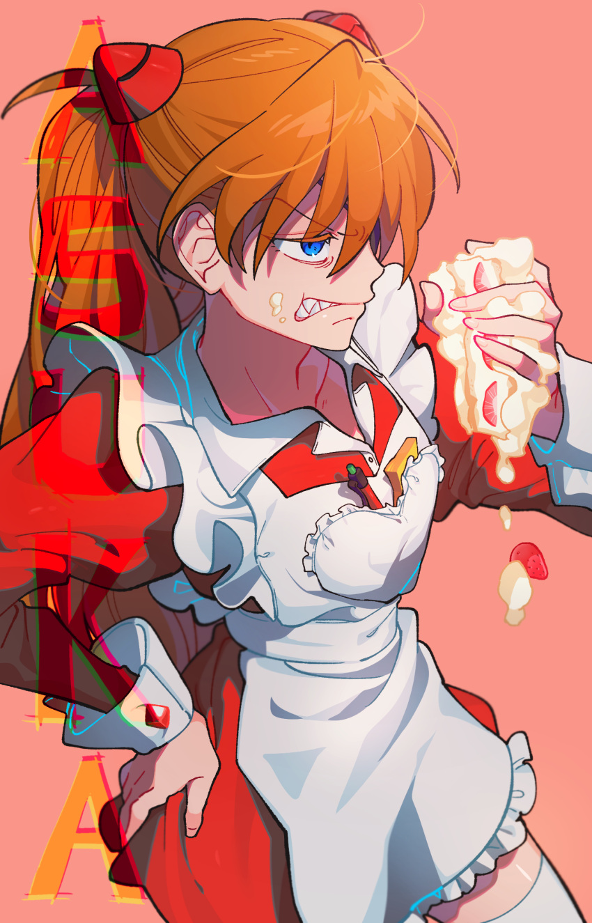 1girl angry apron blue_eyes character_name clenched_teeth commentary cowboy_shot dress eyebrows_visible_through_hair food frilled_apron frills fruit hand_on_hip hand_up heart_apron highres holding holding_food honla interface_headset long_hair long_sleeves maid_apron neon_genesis_evangelion orange_background orange_hair pen red_dress simple_background solo souryuu_asuka_langley strawberry strawberry_shortcake teeth twintails white_apron