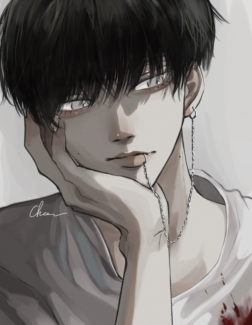 1boy black_hair blood blood_on_clothes blood_splatter chou_808 close-up ear_piercing empty_eyes hair_between_eyes hands_on_own_face highres lip_piercing looking_to_the_side male_focus original piercing shirt simple_background solo twitter_username white_shirt