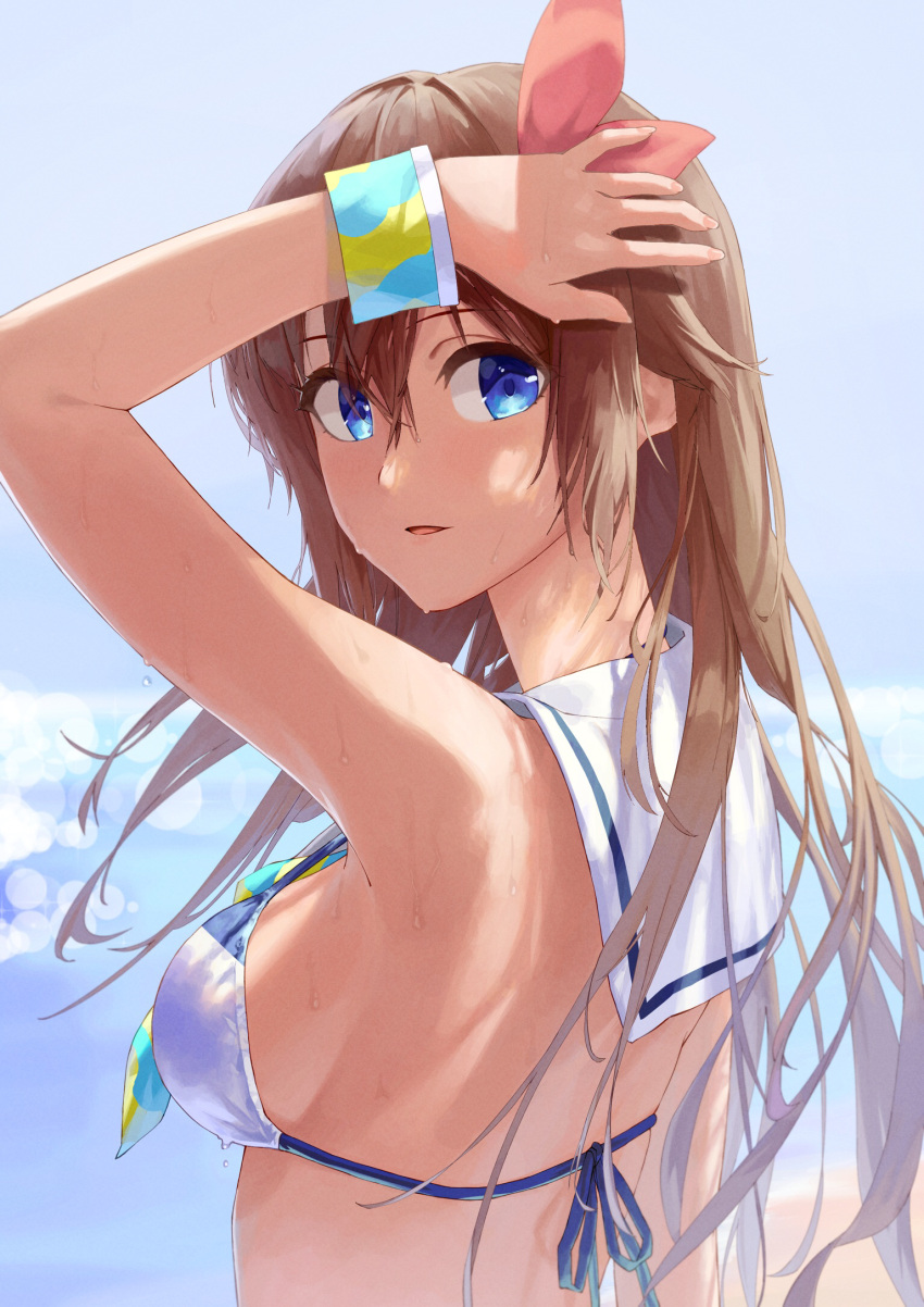 1girl armpits blue_eyes breasts brown_hair from_behind from_side hair_flaps hair_ribbon highres holding holding_hair hololive long_hair looking_back looking_to_the_side makimaki_makky7 medium_breasts parted_lips red_ribbon ribbon sailor_bikini sailor_collar sideboob solo string_bikini swimsuit tokino_sora upper_body virtual_youtuber wet wet_hair wrist_cuffs