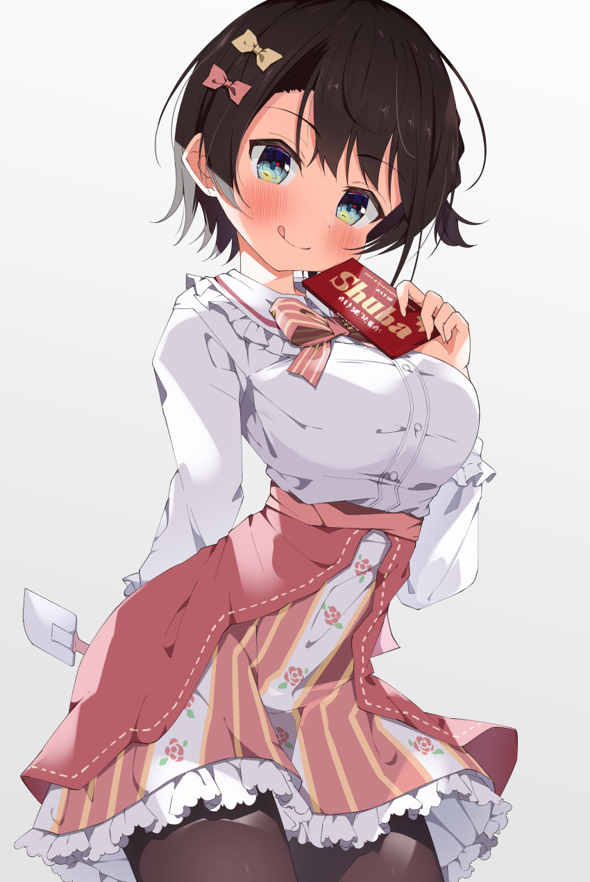 1girl :q absurdres bangs black_hair blue_eyes blush bow bowtie braid breasts chocolate closed_mouth floral_print food frilled_skirt frills hair_bow high-waist_skirt highres holding holding_chocolate holding_food holding_spatula hololive kuno_(kc9s) large_breasts looking_at_viewer oozora_subaru pink_bow pink_bowtie pink_skirt shirt simple_background skirt solo spatula tongue tongue_out underwear valentine virtual_youtuber white_background white_shirt yellow_bow
