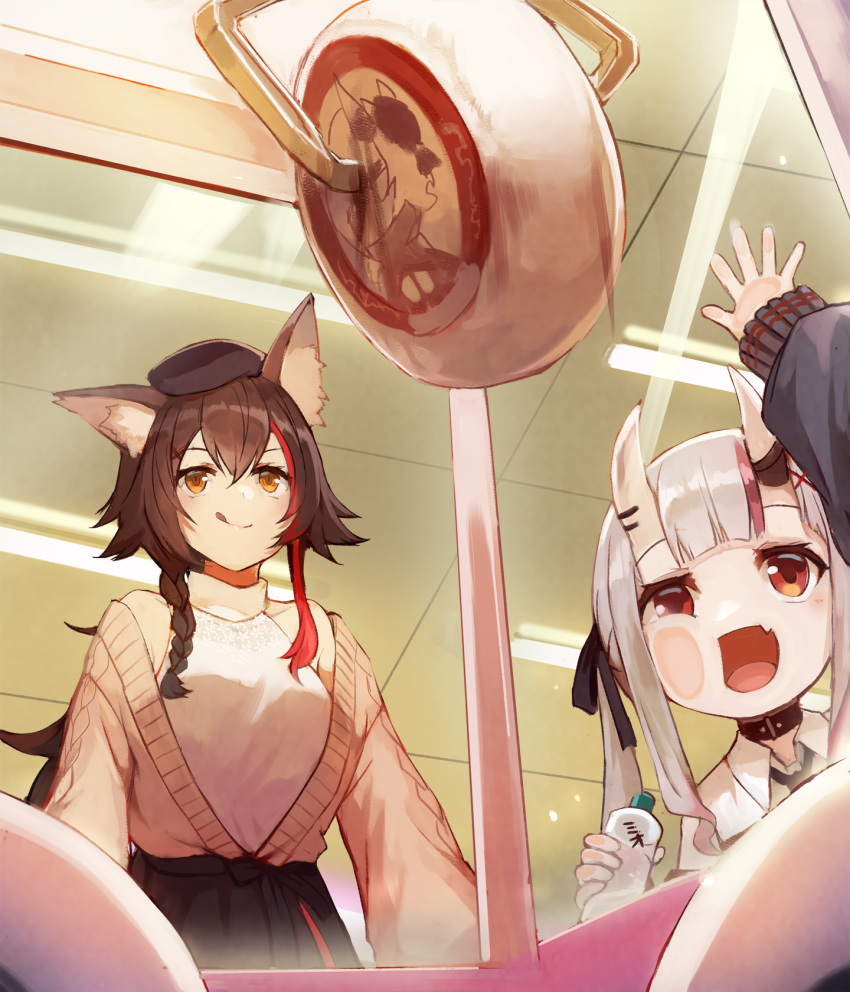 2girls :q against_glass arm_up bare_shoulders black_hair black_jacket black_skirt bottle braid brown_eyes brown_jacket closed_mouth commentary_request crane_game grey_hair hair_ornament hairclip highres holding holding_bottle hololive horns indoors jacket long_hair long_sleeves multicolored_hair multiple_girls nakiri_ayame oni oni_horns ookami_mio puffy_long_sleeves puffy_sleeves red_eyes redhead shirt single_braid skirt sleeveless sleeveless_shirt sleeves_past_wrists smile streaked_hair sue_(bg-bros) tongue tongue_out twintails very_long_hair virtual_youtuber white_shirt x_hair_ornament