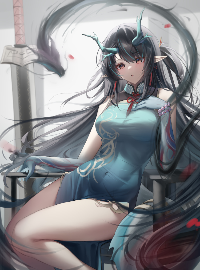 1girl absurdres aqua_dress arknights bangs bare_shoulders black_hair blush breasts brown_eyes china_dress chinese_clothes covered_navel dragon dragon_girl dragon_horns dress dusk_(arknights) eyebrows_visible_through_hair green_hair hand_on_own_chest highres horns large_breasts looking_at_viewer multicolored_hair parted_lips pointy_ears shokuyou_koori sitting sleeveless streaked_hair thighs weapon