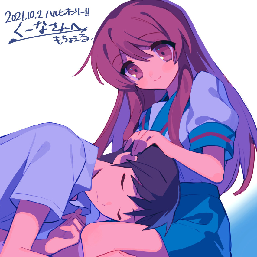 1boy 1girl asahina_mikuru bangs blue_background blue_sailor_collar blue_skirt blush brown_eyes brown_hair closed_eyes closed_mouth commentary_request commission dated eyebrows_visible_through_hair eyes_visible_through_hair gradient gradient_background hair_between_eyes hand_on_another's_head hetero highres kita_high_school_uniform kyon long_hair looking_at_another mochoeru sailor_collar school_uniform serafuku short_hair short_sleeves sketch skirt sleeping sleeping_on_person smile suzumiya_haruhi_no_yuuutsu translation_request white_background