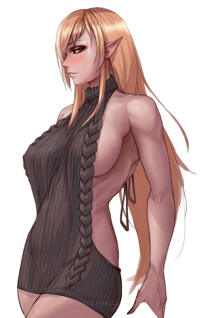 1girl absurdres backless_dress backless_outfit bare_shoulders blonde_hair breasts dark-skinned_female dark_elf dark_skin dress elf grey_sweater hair_down halterneck highres hololive long_hair meme_attire multicolored_hair myth1carts naked_sweater pointy_ears ribbed_sweater shiranui_flare sideboob sleeveless sleeveless_turtleneck solo streaked_hair sweater sweater_dress turtleneck turtleneck_sweater virgin_killer_sweater virtual_youtuber