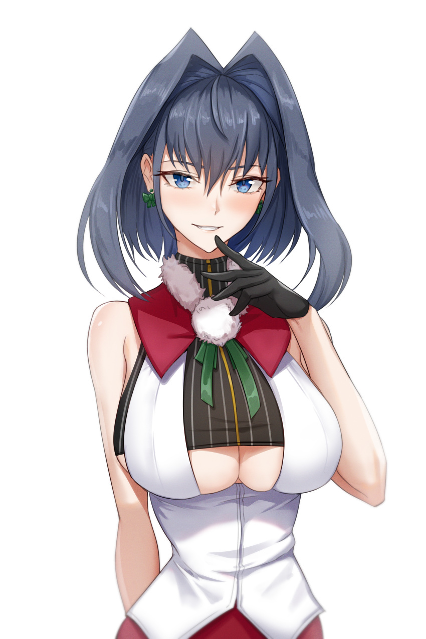 1girl absurdres adapted_costume arm_behind_back bare_shoulders black_gloves blue_eyes blue_hair blush bow bow_earrings breasts capelet christmas cleavage_cutout clothing_cutout cowboy_shot earrings finger_to_mouth fur_trim gloves green_bow green_ribbon hair_between_eyes hair_intakes highres hololive hololive_english jewelry large_breasts looking_at_viewer ouro_kronii parted_lips pom_pom_(clothes) red_capelet red_skirt ribbon shirt short_hair simple_background skirt sleeveless sleeveless_shirt smile solo under_boob underboob_cutout virtual_youtuber white_background zenya