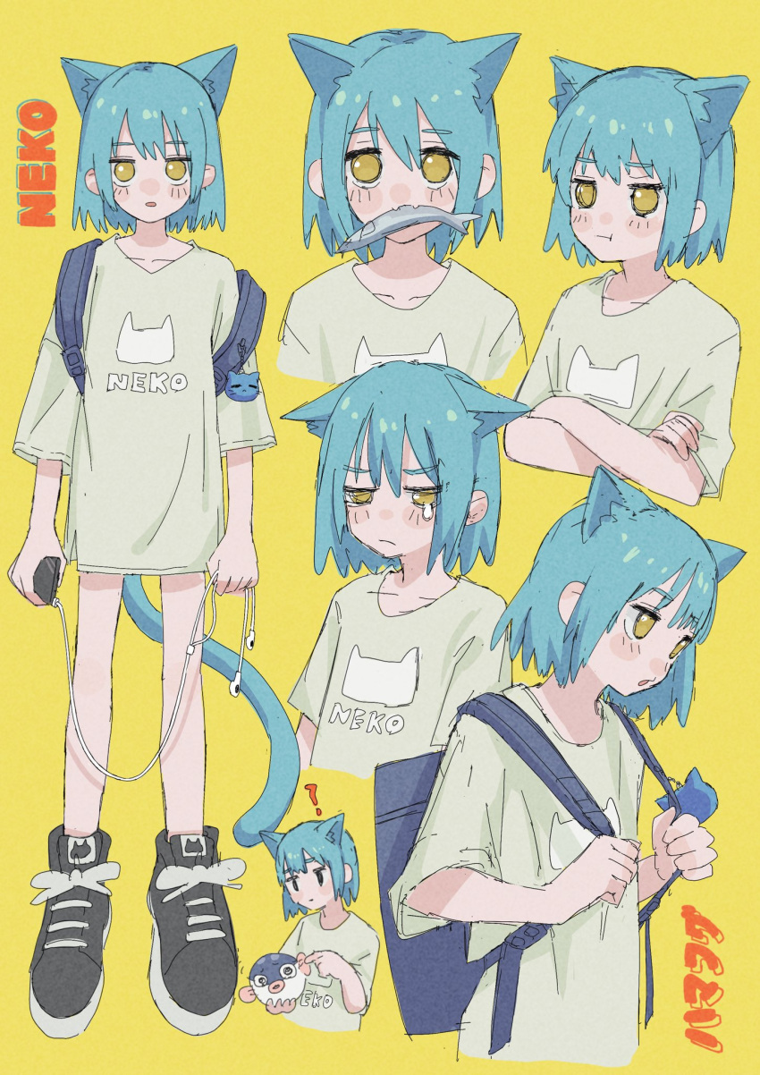 1girl ? animal animal_ear_fluff animal_ears animal_print backpack bag black_eyes black_footwear blue_bag blue_hair blush cat_print cellphone character_name closed_mouth clothes_writing collarbone crossed_arms crying crying_with_eyes_open earphones earphones eyebrows_visible_through_hair fang fish fish_in_mouth food_in_mouth hair_between_eyes hamafugu highres holding holding_animal holding_fish holding_phone keychain light_blue_hair medium_hair open_mouth original phone pout puffer_fish shoes simple_background sketch skin_fang sneakers solo tail tears yellow_background yellow_eyes
