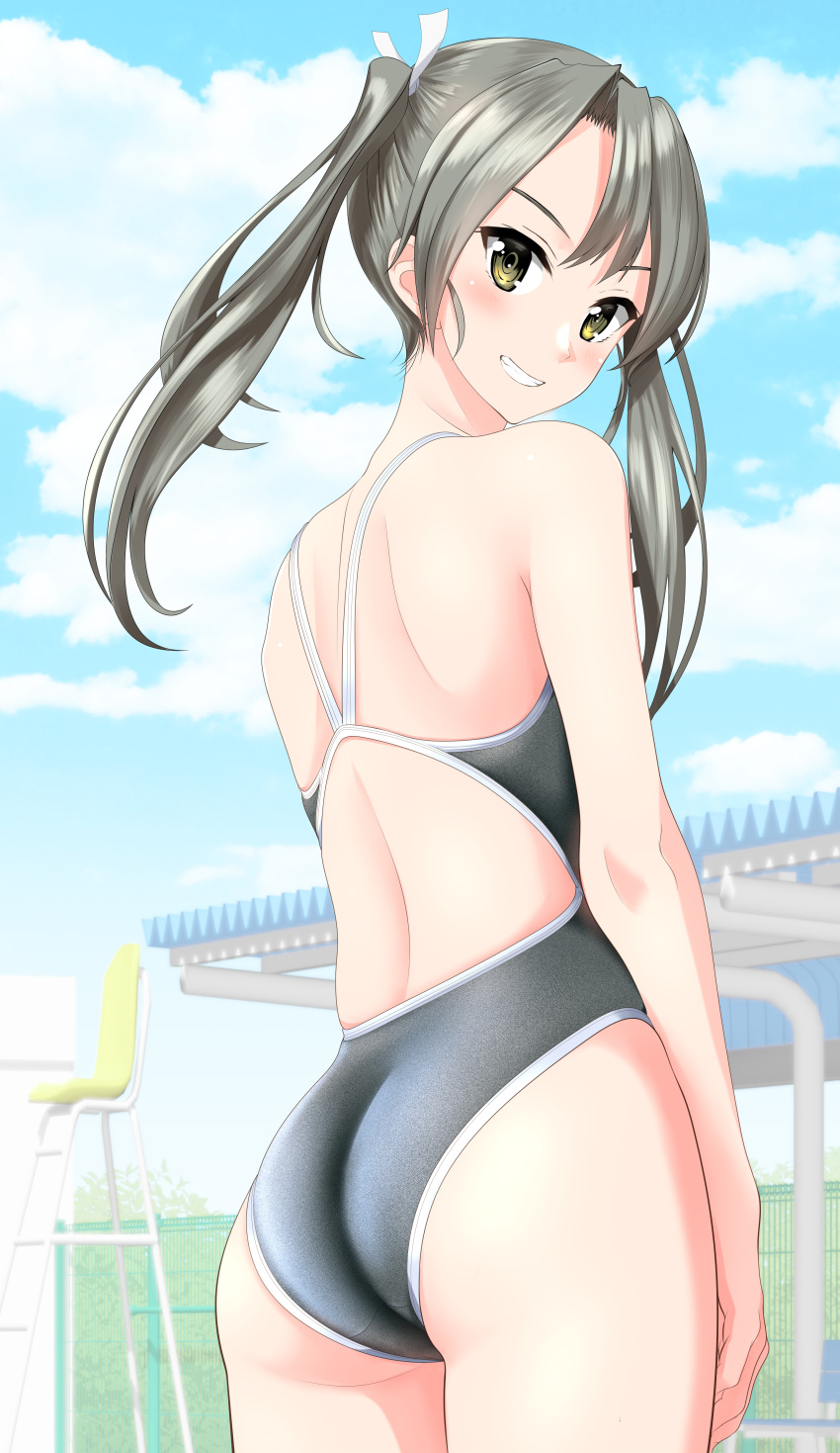 1girl absurdres ass blue_sky breasts brown_eyes clouds competition_swimsuit cowboy_shot from_behind grey_hair grey_swimsuit grin hair_ribbon highres kantai_collection long_hair looking_at_viewer looking_back one-piece_swimsuit ribbon sky small_breasts smile solo swimsuit takafumi twintails white_ribbon zuikaku_(kancolle)