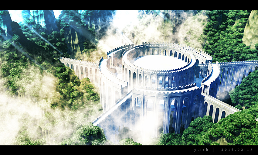 artist_name bridge castle colosseum commentary_request dated day fog highres letterboxed light_rays mountain no_humans original outdoors scenery sunlight tree waisshu_(sougyokyuu) watermark