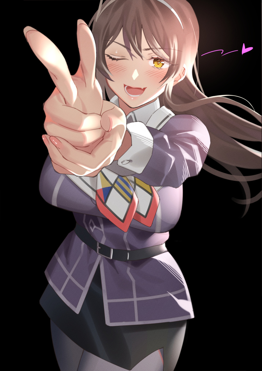 1girl ashigara_(kancolle) ashigara_kai_ni_(kancolle) bangs belt belt_buckle black_background black_belt black_skirt blush breasts brown_hair buckle commentary_request cowboy_shot eyebrows_visible_through_hair fang finger_gun floating_hair hairband heart highres jacket kantai_collection kitazawa_(embers) large_breasts long_hair long_sleeves looking_at_viewer nail_polish one_eye_closed own_hands_together pink_nails purple_jacket simple_background skin_fang skirt sleeve_cuffs solo standing uniform white_hairband yellow_eyes