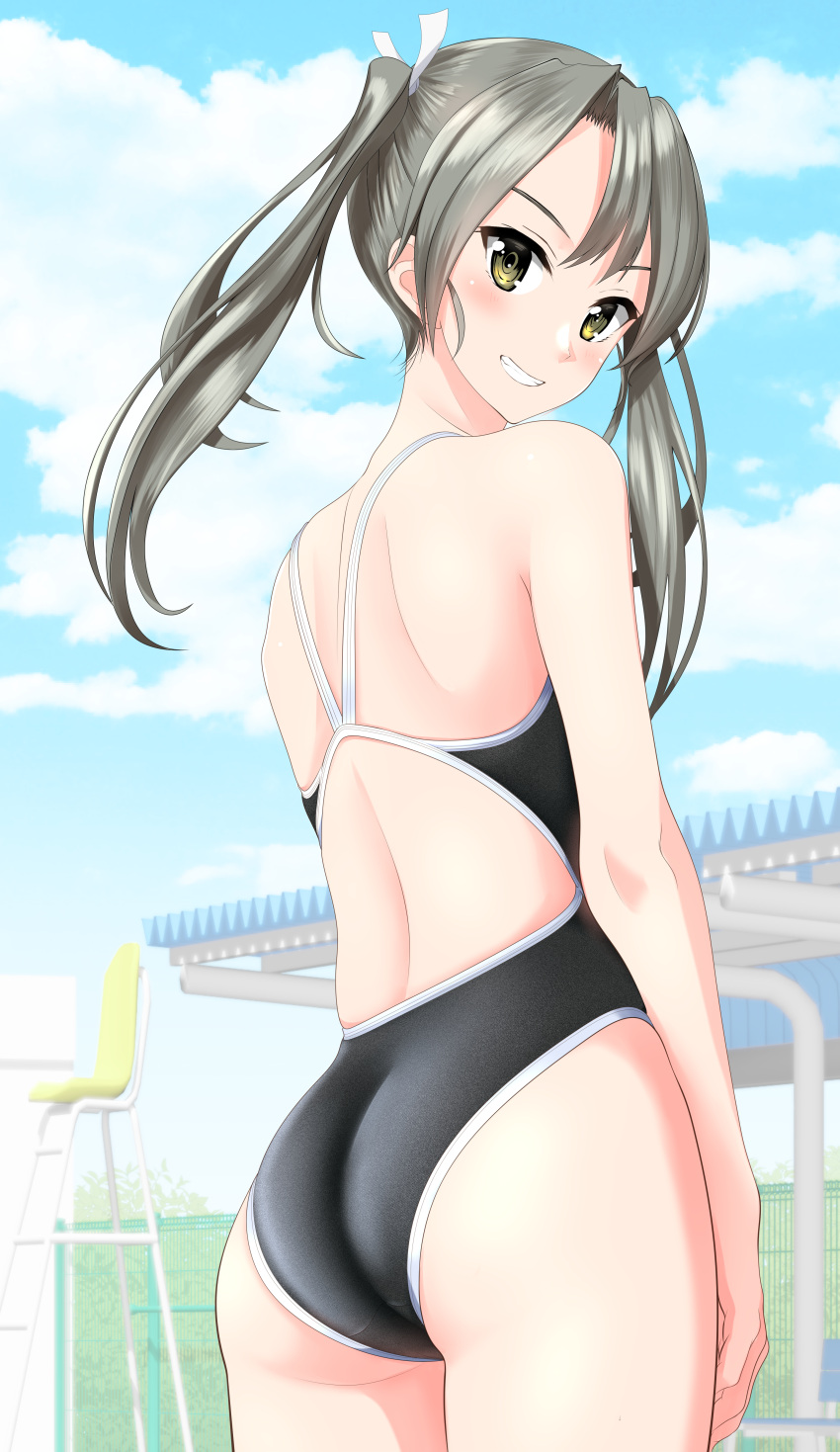 1girl absurdres ass black_swimsuit blue_sky breasts brown_eyes clouds competition_swimsuit cowboy_shot from_behind grey_hair grin hair_ribbon highres kantai_collection long_hair looking_at_viewer looking_back one-piece_swimsuit ribbon sky small_breasts smile solo swimsuit takafumi twintails white_ribbon zuikaku_(kancolle)