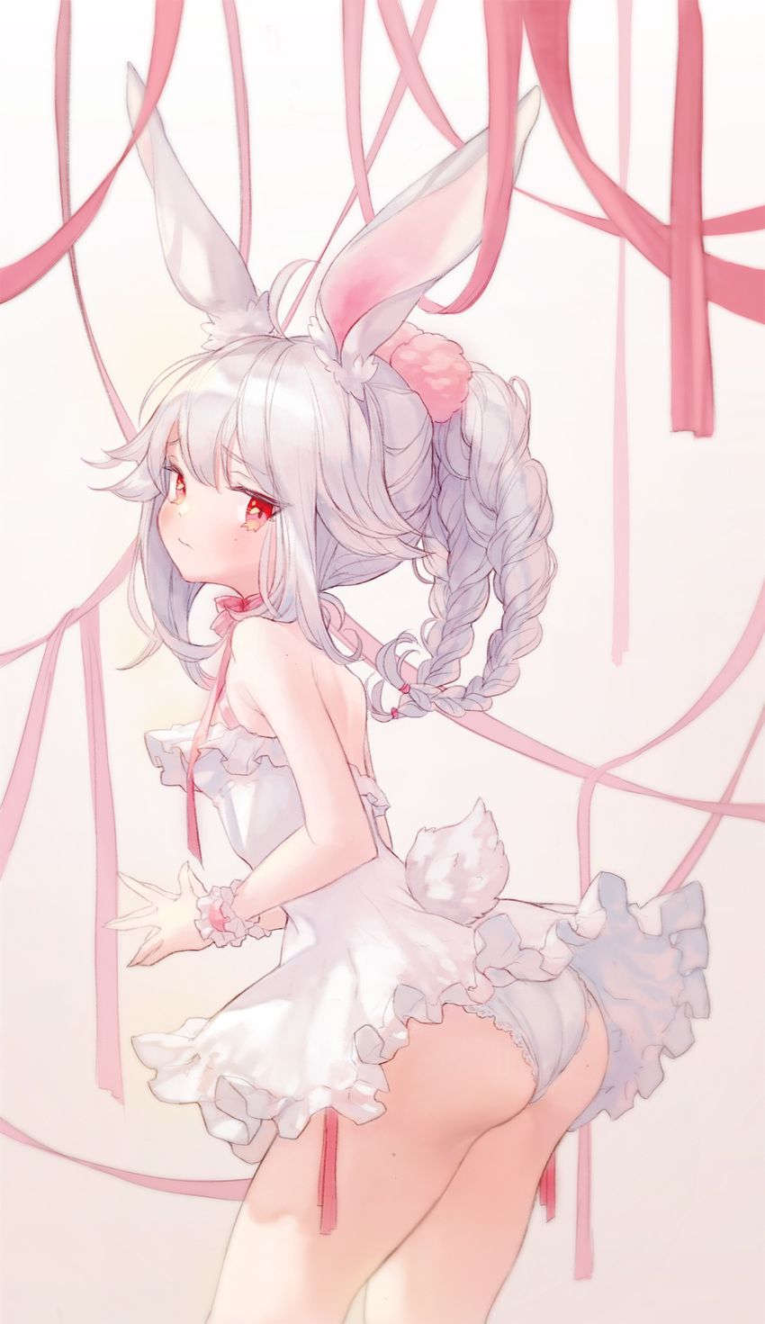1girl ahoge animal_ear_fluff animal_ears ass bangs bare_shoulders blush braid breasts closed_mouth commentary_request dress eyebrows_visible_through_hair fingers_together frilled_cuffs frilled_dress frilled_skirt frills grey_hair hair_tie highres korean_commentary kuzel_(bonolangje) lace-trimmed_panties lace_trim long_hair looking_at_viewer microdress mole mole_on_ass mole_on_leg mole_on_shoulder mole_on_thigh mole_under_eye neck_ribbon original panties pantyshot pom_pom_(clothes) rabbit_ears rabbit_girl rabbit_tail red_eyes red_neckwear red_ribbon ribbon sidelocks skirt small_breasts solo standing steepled_fingers tail thighs underwear white_dress white_panties wrist_cuffs