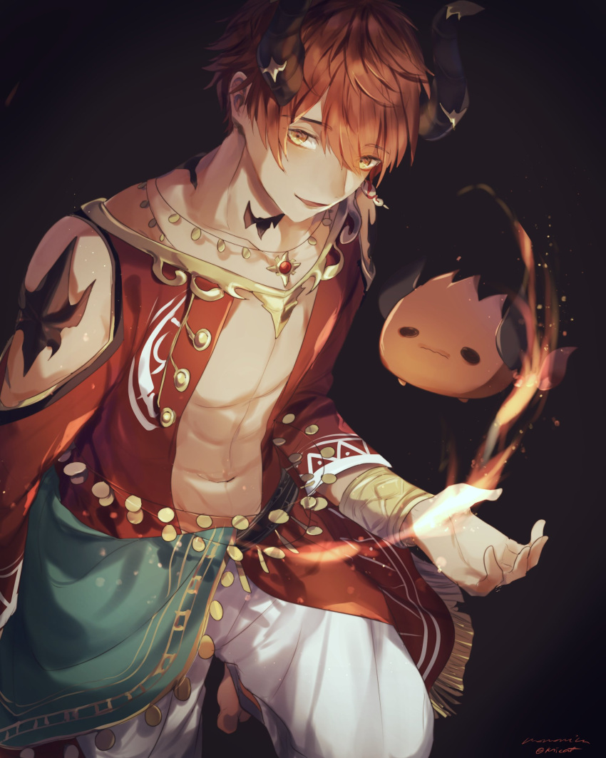 1boy abs absurdres asa_ifrit demon_boy demon_horns fire highres horns indie_virtual_youtuber male_focus muscular orange_hair pale_skin ruoruomi solo tattoo virtual_youtuber yellow_eyes