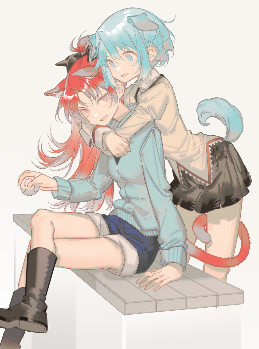 2girls absurdres animal_ears arm_support ball baseball black_footwear black_skirt blue_jacket boots brown_shirt cat_ears cat_girl cat_tail chinese_commentary commentary_request crossed_legs denim denim_shorts dog_ears dog_girl dog_tail fang highres holding holding_ball holding_with_tail hug hug_from_behind jacket juliet_sleeves kemonomimi_mode long_sleeves mahou_shoujo_madoka_magica miki_sayaka multiple_girls on_bench parted_lips prehensile_tail puffy_sleeves red_eyes redhead rin_lingsong sakura_kyouko school_uniform shirt shorts simple_background sitting skirt tail white_background yuri
