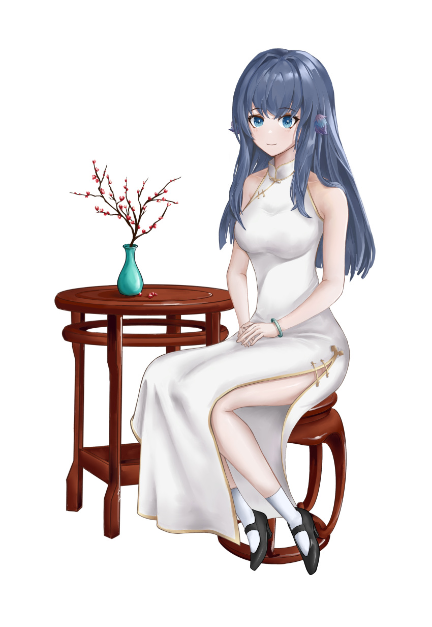 1girl absurdres alternate_costume arknights astesia_(arknights) bangs bare_arms bare_shoulders black_footwear blue_eyes blue_hair breasts china_dress chinese_clothes commentary_request dress eyebrows_visible_through_hair full_body highres long_hair looking_at_viewer mary_janes medium_breasts own_hands_together pupeteer_p shoes side_slit simple_background sitting sleeveless sleeveless_dress smile socks solo vase white_background white_dress white_legwear