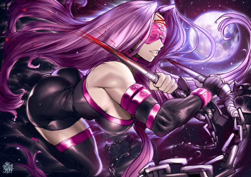 1girl artist_name ass bare_shoulders black_footwear black_gloves blindfold bodysuit boots breasts chain commentary covered_eyes elbow_gloves fate/grand_order fate/stay_night fate_(series) gloves highres holding holding_weapon incoming_attack large_breasts long_hair medusa_(fate) medusa_(rider)_(fate) moon night outdoors purple_hair revision smile solo the_golden_smurf thigh-highs thigh_boots very_long_hair weapon
