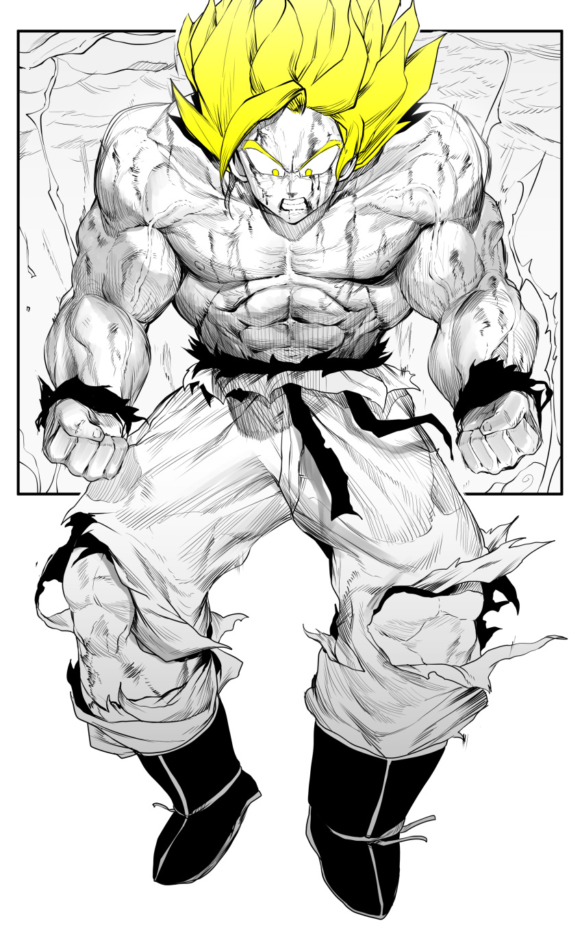 1boy abs absurdres biceps blonde_hair blood boots clenched_hands clenched_teeth dragon_ball dragon_ball_z electricity flying full_body highres male_focus monochrome muscular muscular_male niwarhythm pants pectorals sanpaku solo son_goku super_saiyan teeth torn_clothes torn_pants wide-eyed wristband yellow_eyes yellow_theme