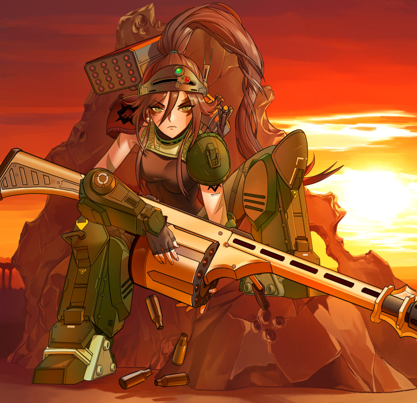 1girl breasts choinut999 commission facepaint floating_hair green_eyes gun highres holding holding_gun holding_weapon korean_commentary leaning_forward long_hair mecha_musume medium_breasts metal_boots missile_pod personification ponytail revolver rifle scopedog shell_casing sitting solo soukou_kihei_votoms weapon