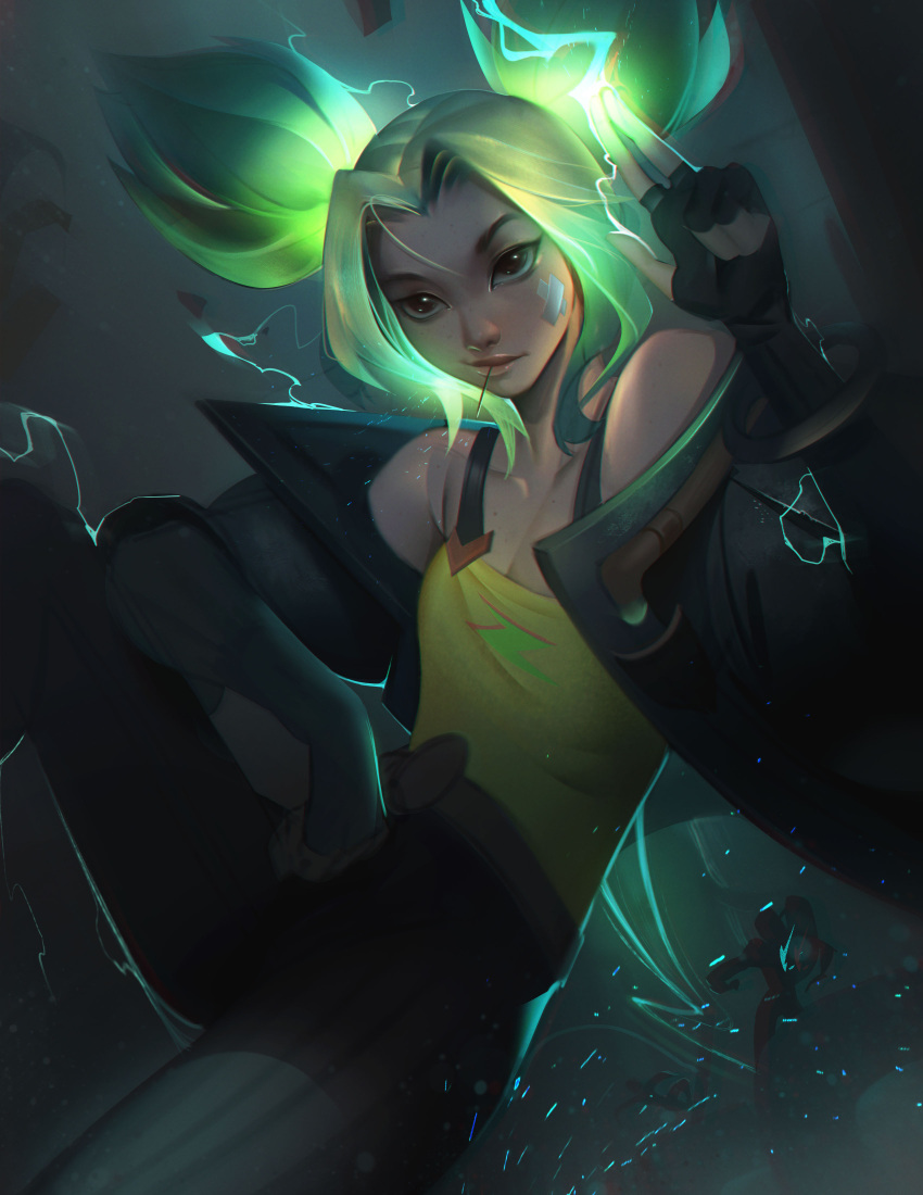 1girl absurdres bandaid bandaid_on_face bangs black_gloves black_jacket black_pants breasts closed_mouth collarbone electricity fingerless_gloves gloves green_hair hand_up highres jacket league_of_legends lightning looking_at_viewer mouth_hold off_shoulder open_clothes open_jacket pants parted_bangs revision small_breasts solo_focus striped striped_pants tank_top twintails vincent_t_(oriaarts) yellow_tank_top zeri_(league_of_legends)