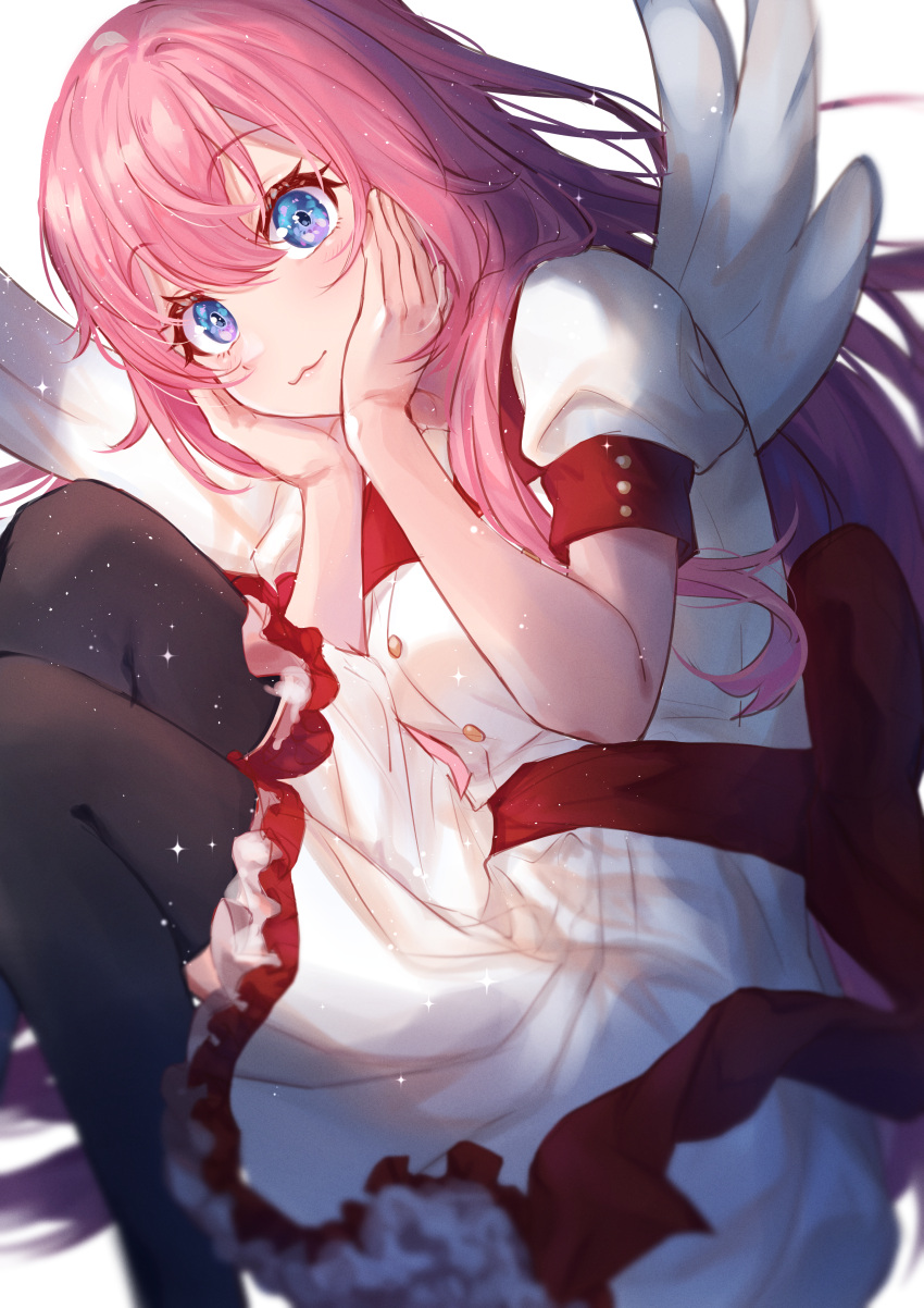 1girl :3 absurdres angel_wings back_bow black_legwear blue_eyes blurry blurry_foreground bow breasts commentary_request dreamin_chuchu_(vocaloid) dress eyebrows_visible_through_hair eyelashes feet_out_of_frame hands_on_own_cheeks hands_on_own_face highres knees_up long_hair looking_at_viewer medium_breasts megurine_luka pink_hair red_bow red_sash sash short_sleeves simple_background smile solo thigh-highs very_long_hair vocaloid white_background white_dress wings yuzuha_wasa