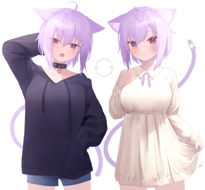 2girls :o absurdres ahoge animal_ear_fluff animal_ears arm_behind_head arm_up bangs black_collar black_hoodie blue_shorts blush bow cat_ears cat_girl cat_tail collar cowboy_shot drawstring dress dual_persona hair_between_eyes hand_in_pocket hand_up highres hololive hood hoodie long_sleeves looking_at_viewer multiple_girls nanome_to neck_ribbon nekomata_okayu open_mouth parted_lips purple_hair purple_ribbon ribbon short_hair short_shorts shorts simple_background skirt_hold standing tail tail_bow tail_ornament violet_eyes virtual_youtuber white_background white_bow white_dress