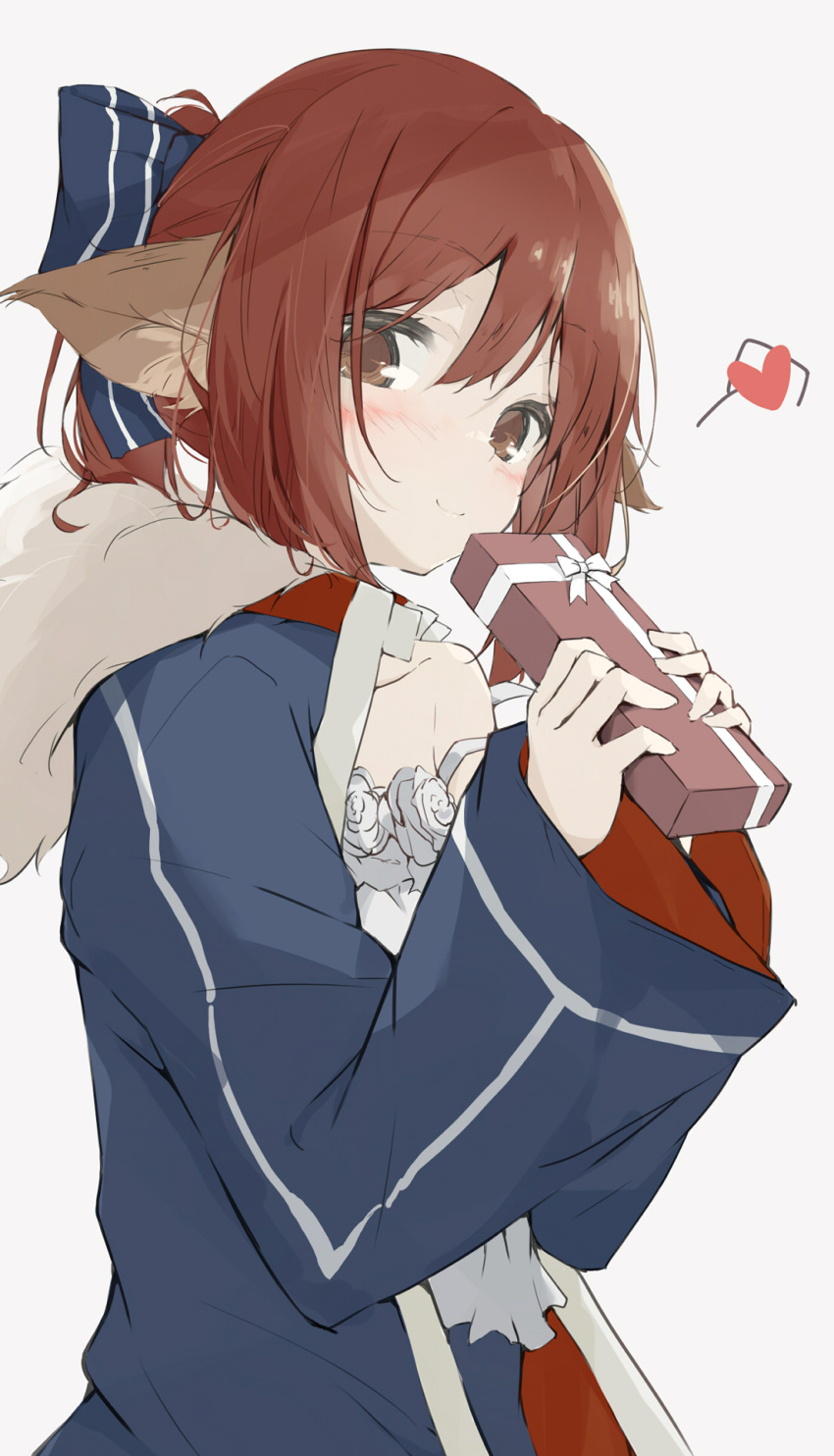 1girl animal_ear_fluff animal_ears arknights bangs bare_shoulders black_bow blue_jacket blush bow brown_eyes brown_hair camisole closed_mouth collarbone commentary_request eyebrows_visible_through_hair flower gift grey_background hair_between_eyes hair_bow hands_up heart highres holding holding_gift jacket kusunoki_(gwzx5574) long_sleeves looking_at_viewer off_shoulder open_clothes open_jacket perfumer_(arknights) rose simple_background sleeves_past_wrists smile solo spoken_heart strap_slip white_camisole white_flower white_rose wide_sleeves